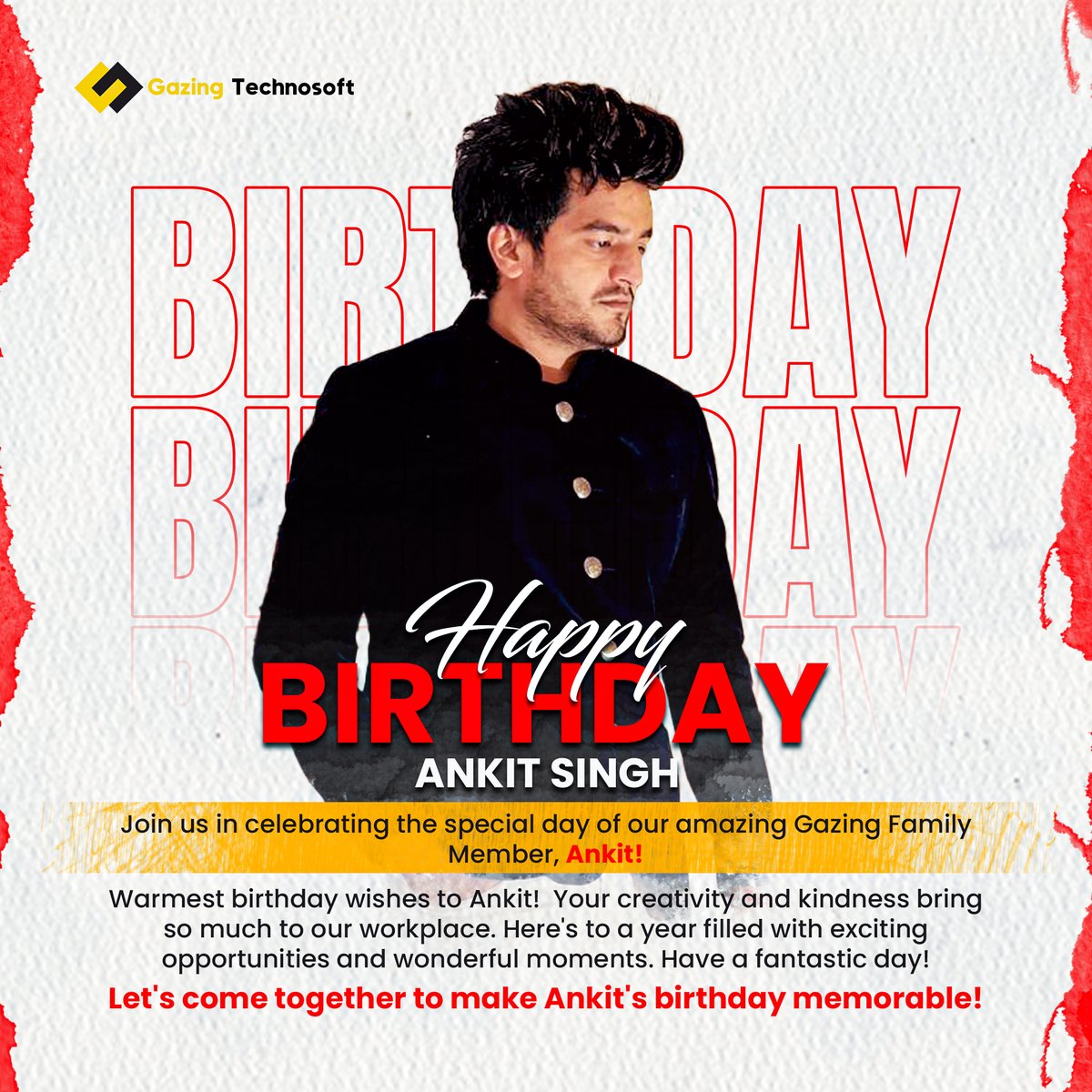 Celebrate with us! 🎉 Join in as we honor our exceptional colleague, Ankit, on his special day! 🎂✨
#HappyBirthdayAnkit #TeamCelebration #GazingTechnosoft 🥳🎊