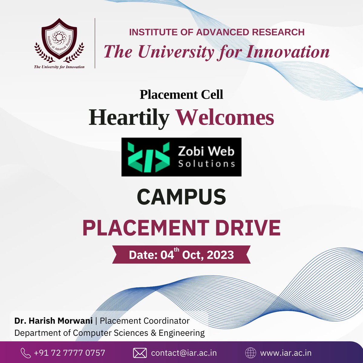iaruniversity's tweet image. &quot;Zobi Web Solutions&quot; is set to visit our IAR University campus on October 04th, 2023, for a dynamic campus placement drive.

Get ready to take the first step in your career journey with this fantastic opportunity!

#IARPlacements #ZobiWebSolutions #IAR #University #Gandhinagar