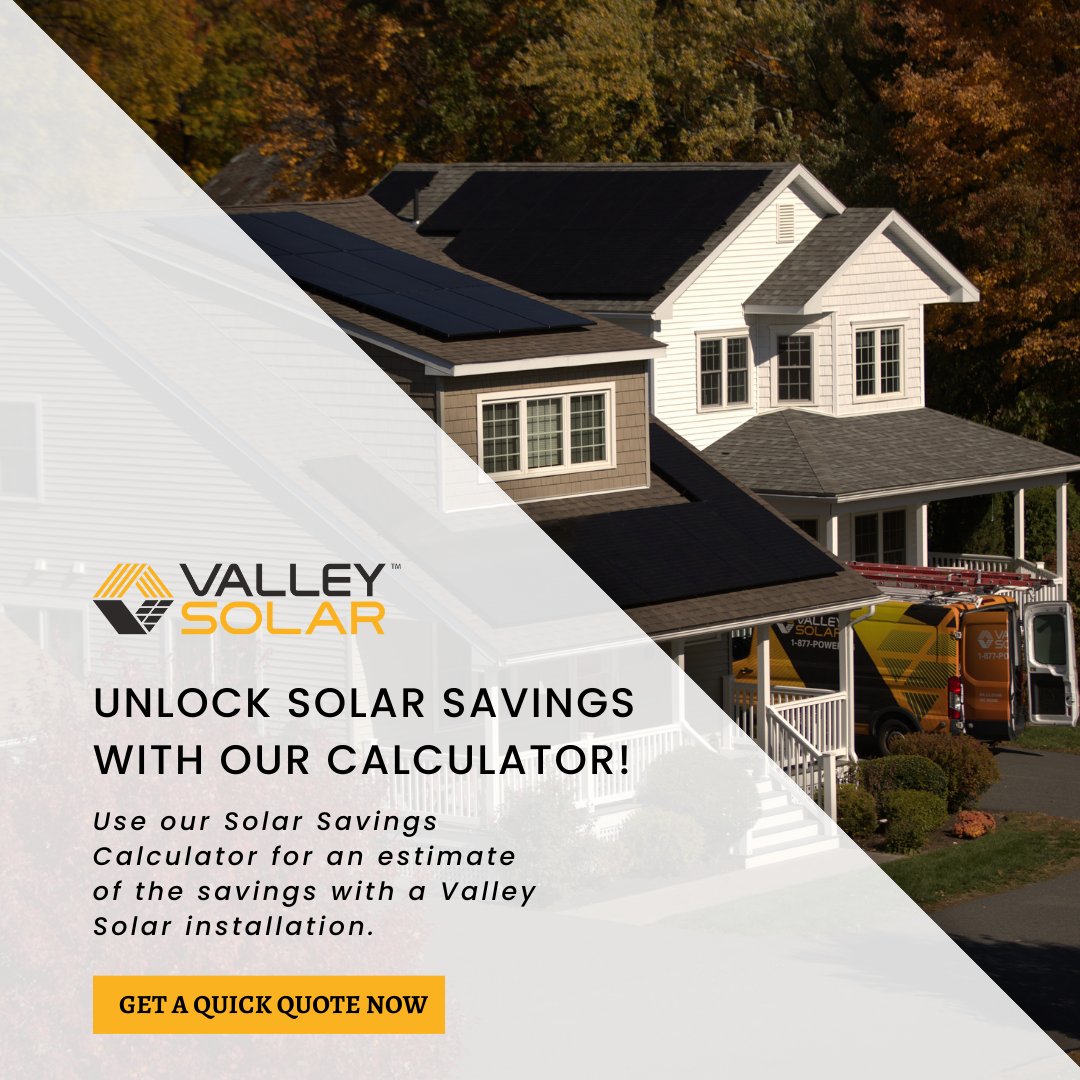 ValleySolarMA's tweet image. Curious about the savings potential of a Valley Solar installation? Try our Solar Savings Calculator for an estimate and discover the financial benefits of going solar! 

Visit us Today- valleysolar.solar
*
*
#solarpanelinstaller #solarpanelsysteminstallation