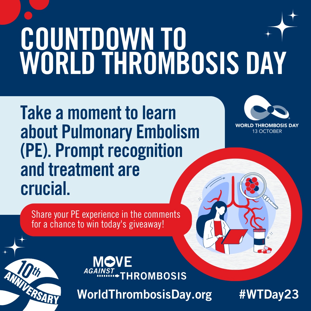 thrombosisday's tweet photo. Take a moment to learn about Pulmonary Embolism (PE). Prompt recognition and treatment are crucial! 💙 #WTDayCountdown 
#WTDay23 #WorldThrombosisDay #MoveAgainstThrombosis https://t.co/gvI9ClaLkN