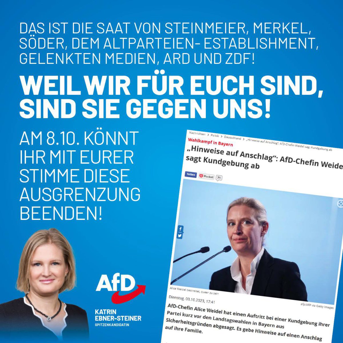 KEbnerSteiner's tweet photo. Wahltag ist Zahltag! 
Ihr habt es in der Hand. 🍀 #Weidel #Anschlag #AfD #ltw2023 #ltwby23 https://t.co/QTlZuQcVY2