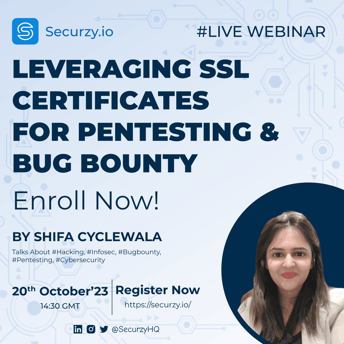 🔒 Ready to level up your Pentesting &amp; Bug Bounty skills? Join us for a LIVE webinar on Leveraging SSL Certificates by Shifa Cyclewala! 🚀 Don't miss out! Secure your spot now: securzy.io/webinar/levera… 🌐 #CyberSecurity #BugBounty #Securzy