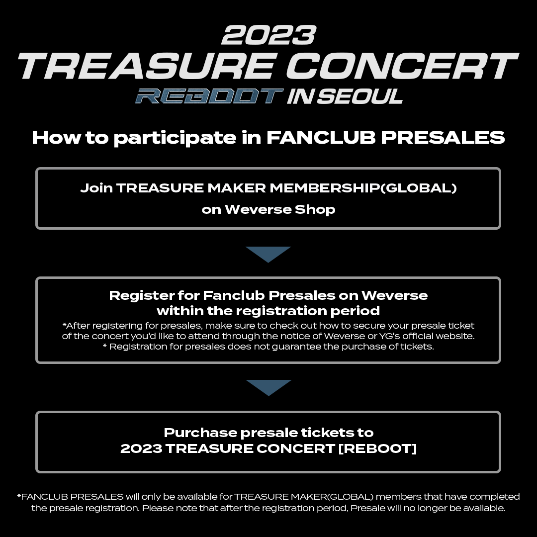 ygtreasuremaker's tweet photo. 2023 TREASURE CONCERT [REBOOT] IN SEOUL

FANCLUB PRESALES registration opens for 
TREASURE MAKER MEMBERSHIP(GLOBAL) members! 
Check the process and period!

 More Info
▶️https://t.co/7xWiaiL0nu 

#TREASURE #트레저 #CONCERT #REBOOT #SEOUL #20231215_8pmKST #20231216_6pmKST #20231217_5pmKST #KSPO_DOME #YG