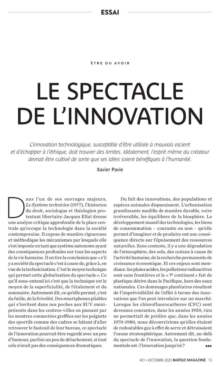 XavierPavie's tweet photo. “Le spectacle de l’innovation” un essai (extrait en photo) rédigé pour le numéro d’octobre de @BastilleMag #philosophie #innovation https://t.co/HEYzefha8v