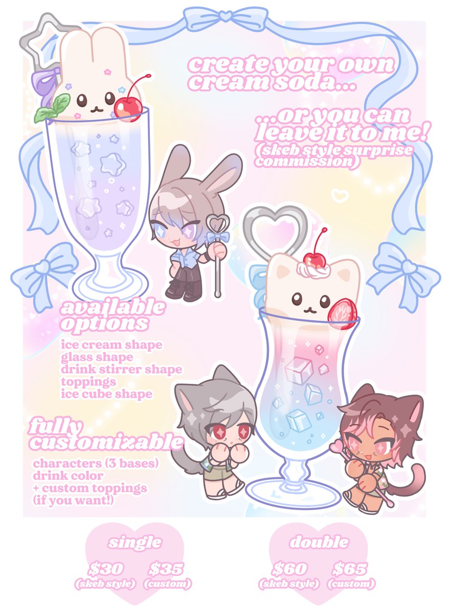 [ RTs appreciated 🎀 ] ⋆。‧₊✩
finishing up my last cream soda today so i'll open more slots! for oct-nov
☕️ FCFS on ko-fi
skeb style &amp; custom options available

link on replies 🔗 