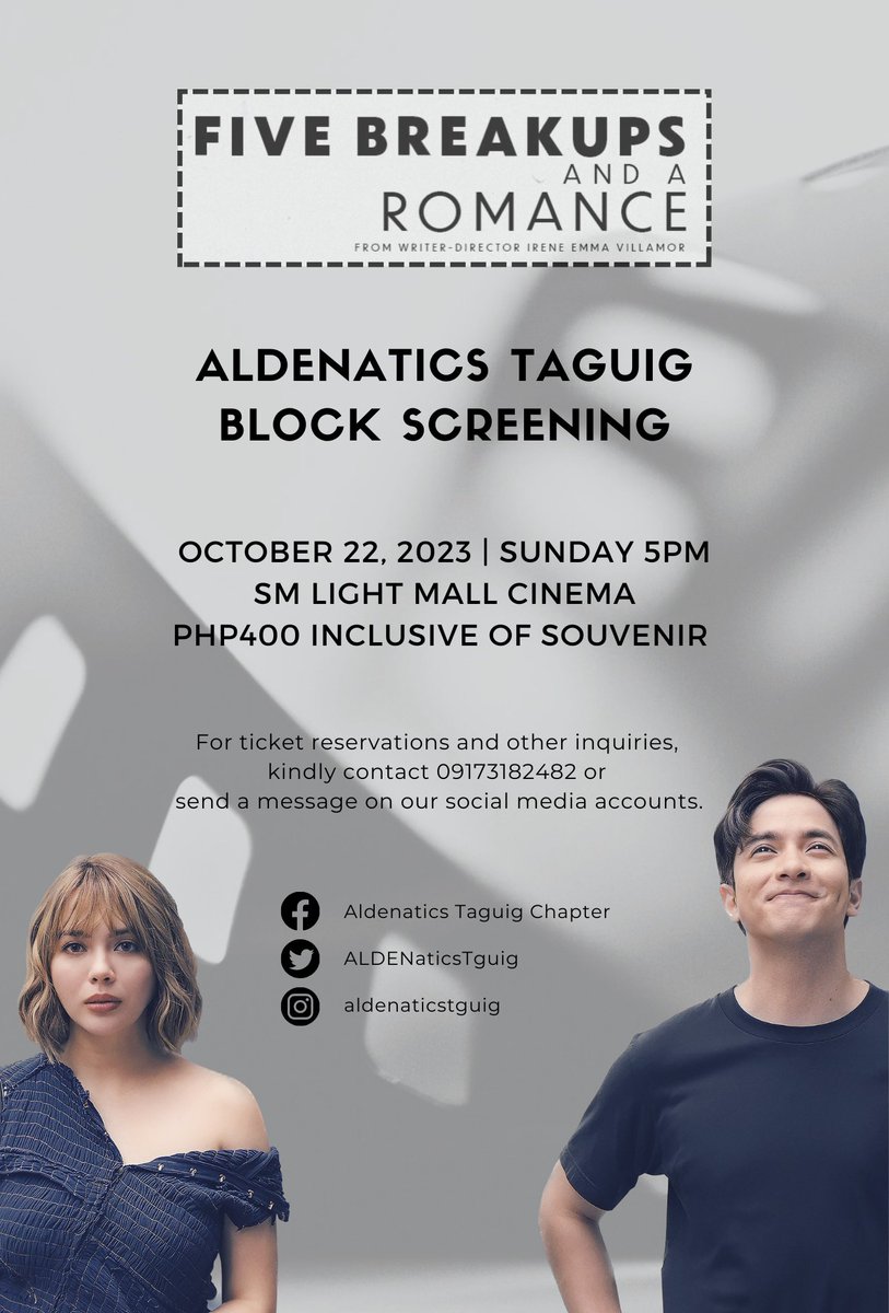 Come and join our #FiveBreakUpsAndARomance block screening!

SM Light Cinema 3
October 22 (Sunday) 5pm

Limited slots available. Message us to reserve your seats. We hope to see you there! 😊

<a href="/aldenrichards02/">Alden Richards</a> <a href="/yourjuliamontes/">Julia Montes</a> 
#AldenRichards #JuliaMontes