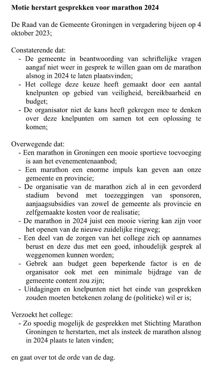 Mooie oproep vandaag in <a href="/dvhn_nl/">Dagblad van het Noorden</a> van Sitchting Marathon Groningen.

Vandaag dient <a href="/CDAGroningen/">CDA Groningen (gem)</a> een motie in waarin we het college oproepen om de gesprekken te herstarten en de marathon in 2024 mogelijk te maken!