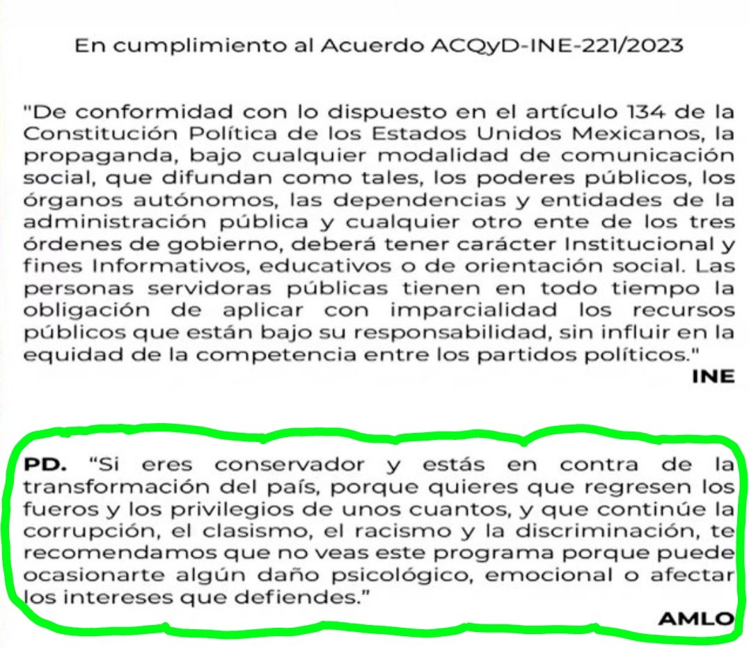 Alva_Bere's tweet photo. #OtraMás El ine ordenó hoy al presidente sacar la posdata del aviso que le ordenaron colocar antes de inicio de la #ConferenciaMañanera... a petición de la #BotargaCorruptaX xóchitl gálvez. A ver #inecorrupto #censúrameesta 
#planCenMarcha #votatodomorena #NiUnVotoAlPrian https://t.co/N4bV6jCmUl