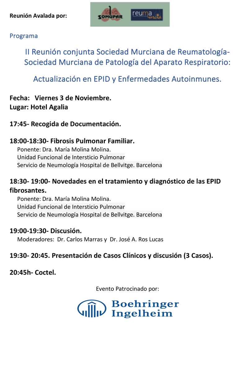 Somupar's tweet photo. #Jornadas II Encuentro conjunto de la Sociedad Murciana de Reumatología #REUMAMURCIA y la Sociedad Murciana de Patología del Aparato Respiratorio #SOMUPAR sobre la actualización en #EPID y Enfermedades Autoinmunes 👇
🗓️ 03/11/2023
📌Hotel Agalia #Murcia 
🕑Desde 17:45h https://t.co/VCSSdqKmHn