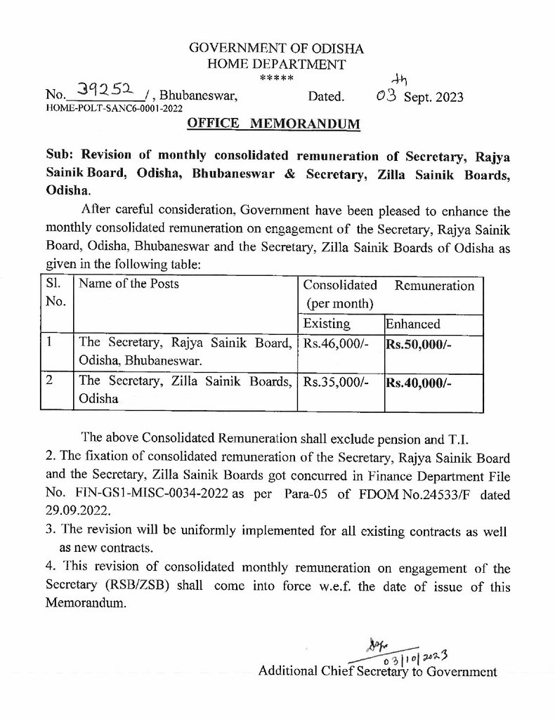 After careful consideration, Government have been pleased to enhance the monthly consolidated remuneration on engagement of the Secretary, Rajya Sainik Board, Odisha and Secretary, Zilla Sainik Boards of Odisha to Rs.50,000/- and Rs.40,000/- respectively.