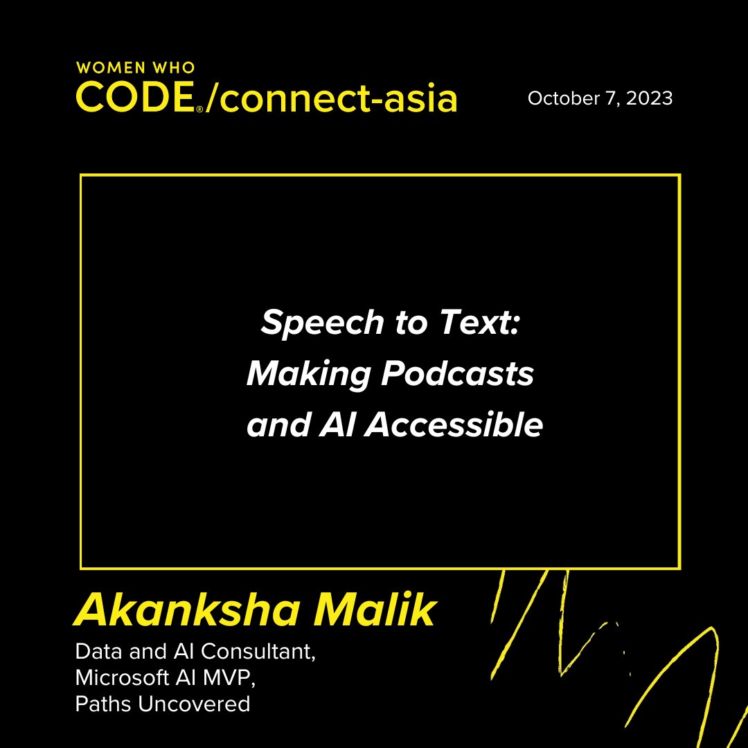 WomenWhoCode's tweet photo. Are you interested in learning more about how to leverage Azure Cognitive Services for inclusivity and accessibility in everyday life? Join us for “Speech to Text: Making Podcasts and AI Accessible” on October 7th! 

https://t.co/klrmmDKg50 

#WomenWhoCode 
#WWCodeCONNECTAsia https://t.co/xsDNGTMhtU