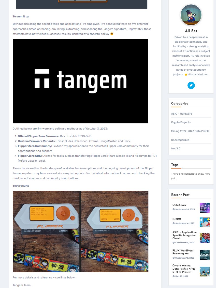 Tangem @flipper_zero Challenge Accepted: Scan Tangem with Flipper🔍 @Tangem  1 : @allsetanalyst 0 Zer0 out of 850,000 cards hacked since 2018 🚀 Follow  me on X or 👇check out my #web3 blog