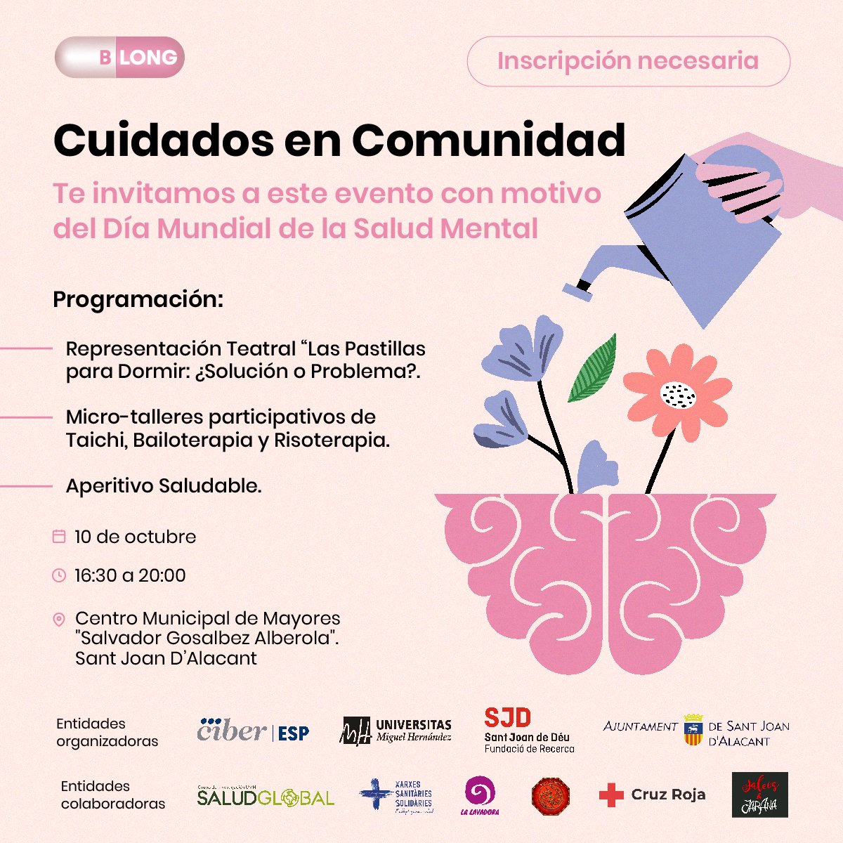 🆕Acompáñanos en esta actividad “Cuidados en Comunidad”,  1️⃣0️⃣de octubre
#Diamundialdelasaludmental.
📍Centro Municipal de Mayores "Salvador Gosalbez Alberola". Sant Joan d'Alacant.
Inscripciones gratuitas 👇
forms.gle/6zZJcJLNtvNex3…
¡Te esperamos!