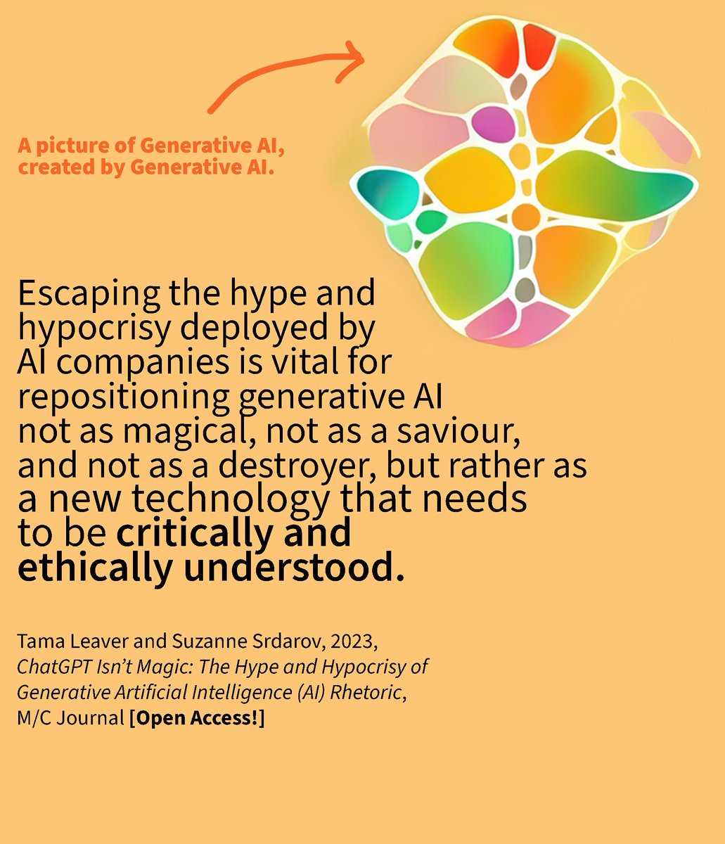 New in M/C Journal today, <a href="/tamaleaver/">Tama Leaver (on hiatus)</a> and Suzanne Srdarov's #openaccess article: "ChatGPT Isn’t Magic: The Hype and Hypocrisy of Generative Artificial Intelligence (AI) Rhetoric." 

journal.media-culture.org.au/index.php/mcjo…
