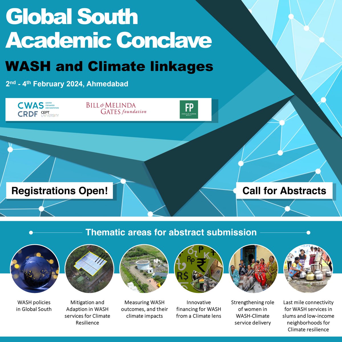 Center for Water and Sanitation (@cept_cwas) on Twitter photo CWAS-<a href="/CeptResearch/">CEPT Research & Development Foundation</a> is organizing a Global South Academic Conclave on WASH & Climate in collaboration with <a href="/fpcept/">Faculty of Planning</a>-<a href="/CEPTUniversity1/">CEPT University</a> & <a href="/BMGFIndia/">Gates Foundation India</a> during feb 2-4, 2024.
Know more-cwas.org.in/globalsouthaca… Register now- forms.gle/zo2PUmYVrJoGFQ…
Submit abstracts-forms.gle/mf3xu1KJycZ9XP… CWAS-<a href="/CeptResearch/">CEPT Research & Development Foundation</a> is organizing a Global South Academic Conclave on WASH & Climate in collaboration with <a href="/fpcept/">Faculty of Planning</a>-<a href="/CEPTUniversity1/">CEPT University</a> & <a href="/BMGFIndia/">Gates Foundation India</a> during feb 2-4, 2024.
Know more-cwas.org.in/globalsouthaca… Register now- forms.gle/zo2PUmYVrJoGFQ…
Submit abstracts-forms.gle/mf3xu1KJycZ9XP…