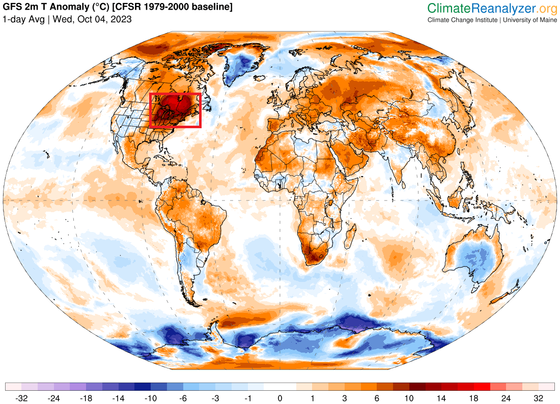 En esta imagen de anomalías de la temperatura a 2m verás que no sólo #Europa experimenta altas temperaturas. Hay una zona muy habitada donde ayer llegaron a los 30 ºC de máximas, o más: entre 14-20 ºC por encima de lo normal. #Calor