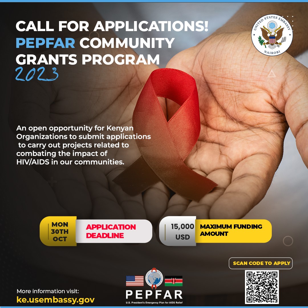 📢 Call for applications! Apply for the @PEPFAR 🇰🇪 Community Grants Program and make a difference in the fight against HIV. Deadline: October 30, 2023. Apply on:ke.usembassy.gov/call-for-pepfa…