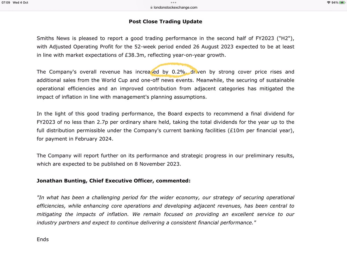rhomboid1MF's tweet image. #SNWS “at least in line’

 londonstockexchange.com/news-article/S…

0.2% revenue growth in an inflationary environment reinforces its cigar butt status..but arguably montecristo status in terms of the cash it’s raining down on shareholders though🙂

What % is adjacent revenues @vodkaquickstep 🤔