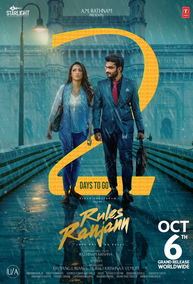 Get ready for an exciting entertainment in only 2⃣days! 🔥 #RulesRanjannOnOCT6 is poised to deliver heaps of entertainment! 🎉💥 @Kiran_Abbavaram @iamnehashetty @AmrishRocks1 @DivyangLavania @mkv152013 @rinkukukreja @venupro @starlightenter8 @tseriessouth @MythriOfficial