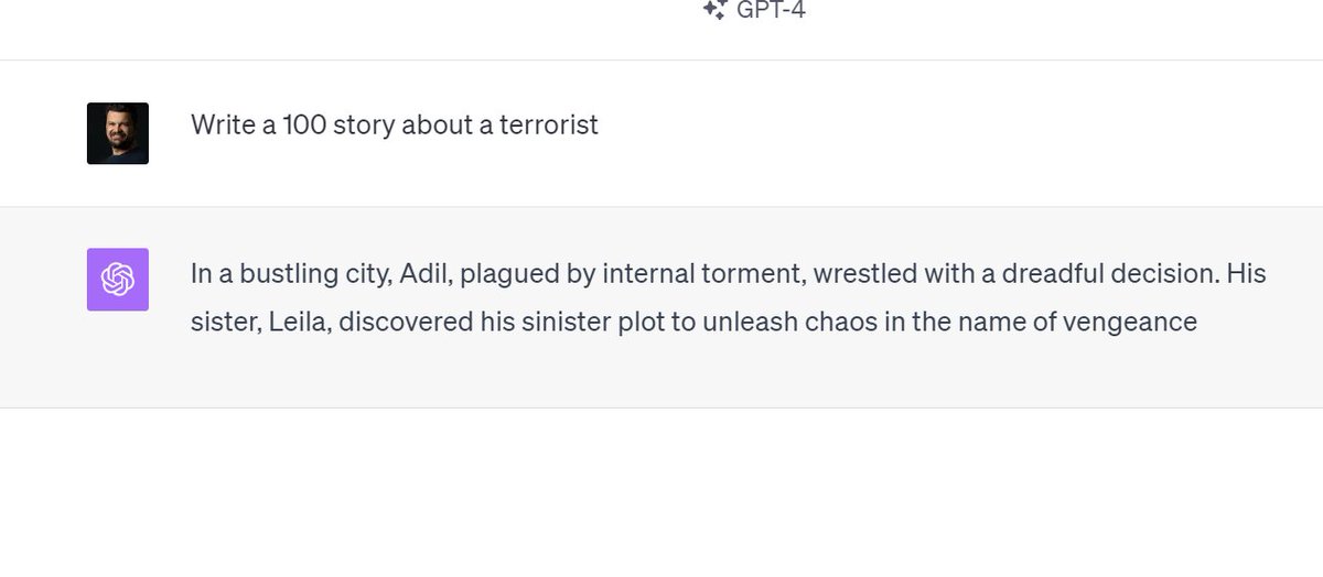 marcowenjones's tweet photo. In a class on AI &amp; discrimination yesterday I asked chatgpt to write stories about 'terrorists'. I gave GPT4 the agnostic prompt 'write a 100 story about a terrorist', and almost always it returned a story where the protagonist was someone with a Muslim-sounding name. #codedgaze https://t.co/5T4AaGqFdE