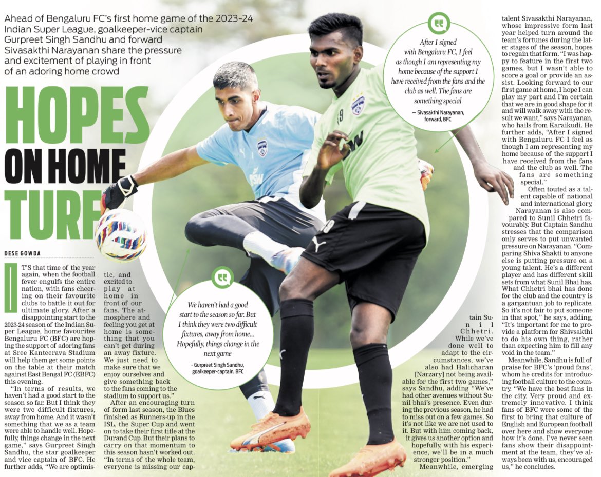 Ahead of BFC’s first home game of the 2023-24 Indian Super League, goalkeeper-vice captain Gurpreet Singh Sandhu & forward Sivasakthi Narayanan share the pressure & excitement of playing in front of an adoring home crowd ✍🏼 @dese_gowda @santwana99 @Cloudnirad @tniefeatures