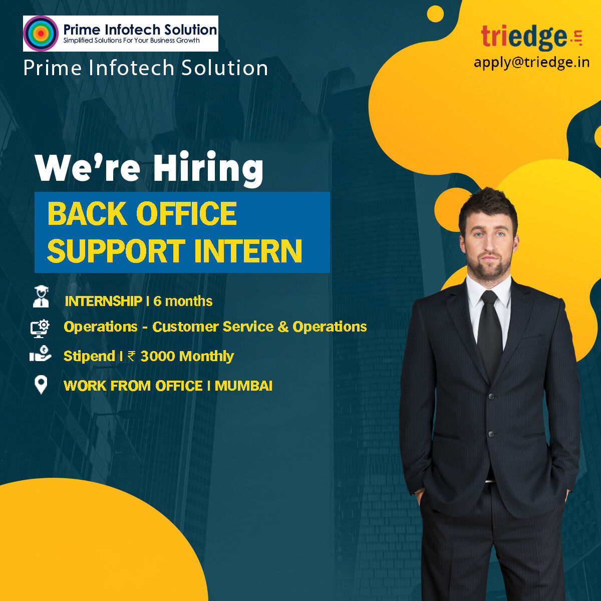 Prime Infotech Solution is providing internship opportunities for the role of back-office support intern. Apply with your resume at apply@triedge.in.
#backofficesupport #operations #customerservice