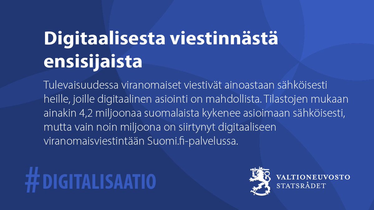 Digitaalinen asiointi lisää julkisten palveluiden sujuvuutta ja tehostaa hallintoa.

Yhteiskunnan uudistamisen ministerityöryhmä päätti periaatteista, joilla digitaalista viranomaisasiointia edistetään tällä hallituskaudella.

Tiedote: vm.fi/-/1410829/mini…

#Digitalisaatio