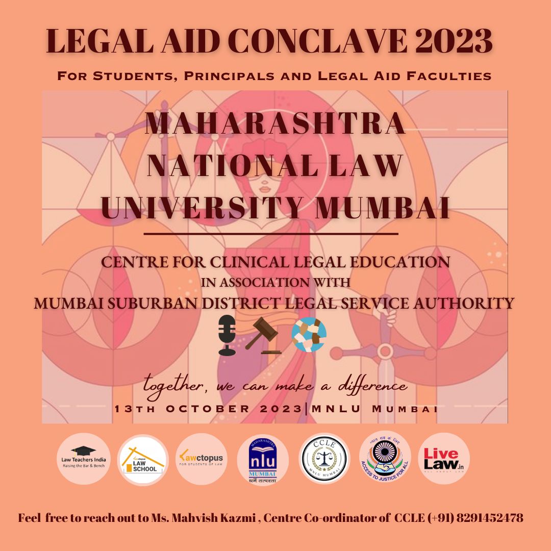 Join MNLU MUMBAI on 13th October for the exclusive 'Legal Aid Conclave 2023.' This prestigious event is tailored for Principals, Students and Legal Aid faculties from esteemed institutions. Registration fees: ₹500/- Mode: Online & Offline Register below: lnkd.in/d4X6WVYc