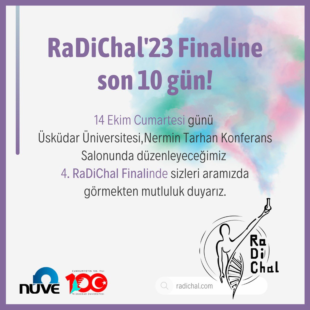 RaDiChal 2023 finaline sayılı günler kaldı! Birbirinden değerli konukları ağırlayacağımız, farklı alanlardan jüri üyelerimizin katılacağı, finalistlerimizin proje sunumlarını dinleyebileceğiniz ve onlara destek olabileceğiniz 4. finalimiz 14 Ekim Cumartesi günü ++
