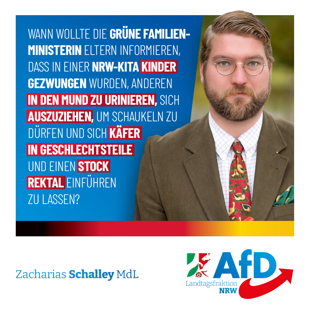 AfD_FraktionNRW's tweet photo. Koten, Ausziehen, Käfer in die Scheide, um auf die Schaukel zu dürfen. Kinder erniedrigten Kinder in Kita im Ruhrgebiet. „Ich verlange von Familienministerin Paul diesen fassungslos machenden Skandal bis zum letzten Detail aufzuklären!“ - Z. Schalley (#AfD)
#ltNRW #Kitakollaps https://t.co/YyRTy91MBf