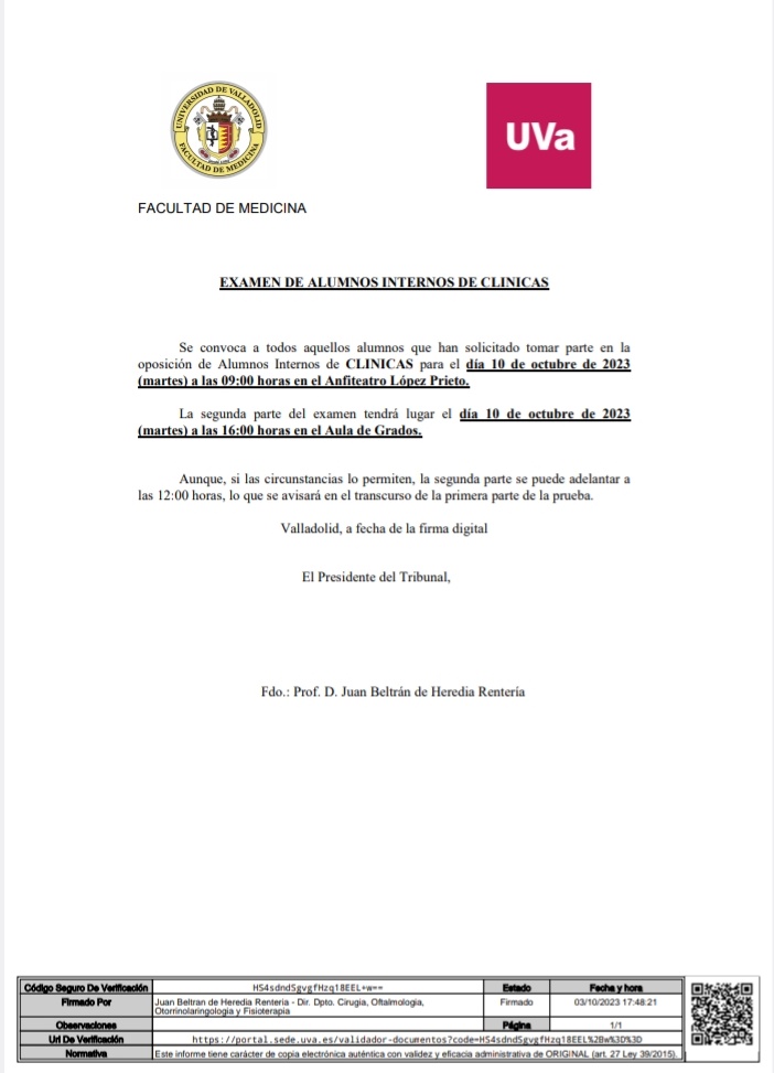🚨 ATENCION 🚨

A todos aquellos que presentasteis la solicitud para acceder como Numerarios de Alumnos Internos de Clínicas, se convoca el examen de acceso el día 10 DE OCTUBRE

¡Mucha suerte! 💪