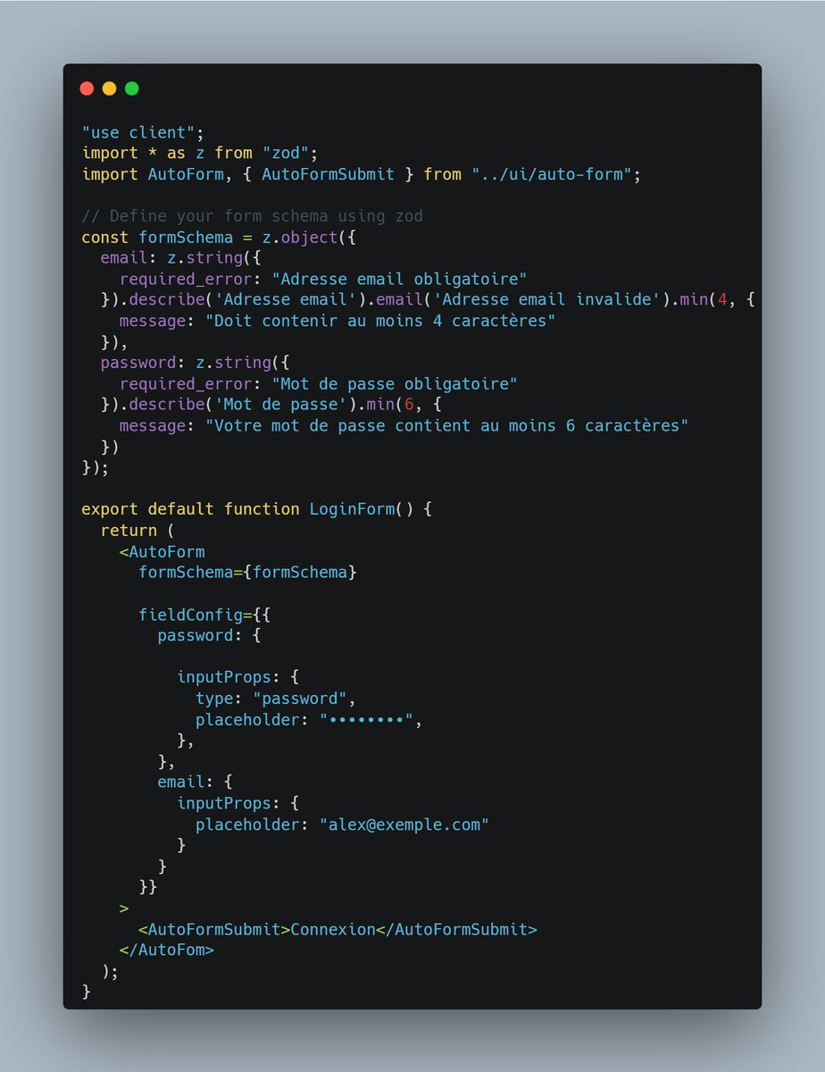 JosueMunganga_'s tweet image. Créer des formulaires n&apos;a jamais été aussi simple. Avec #autoform @shadcn tout ce que vous avez à faire c&apos;est de définir la validation et le tour est joué 😍

Résultat 👇