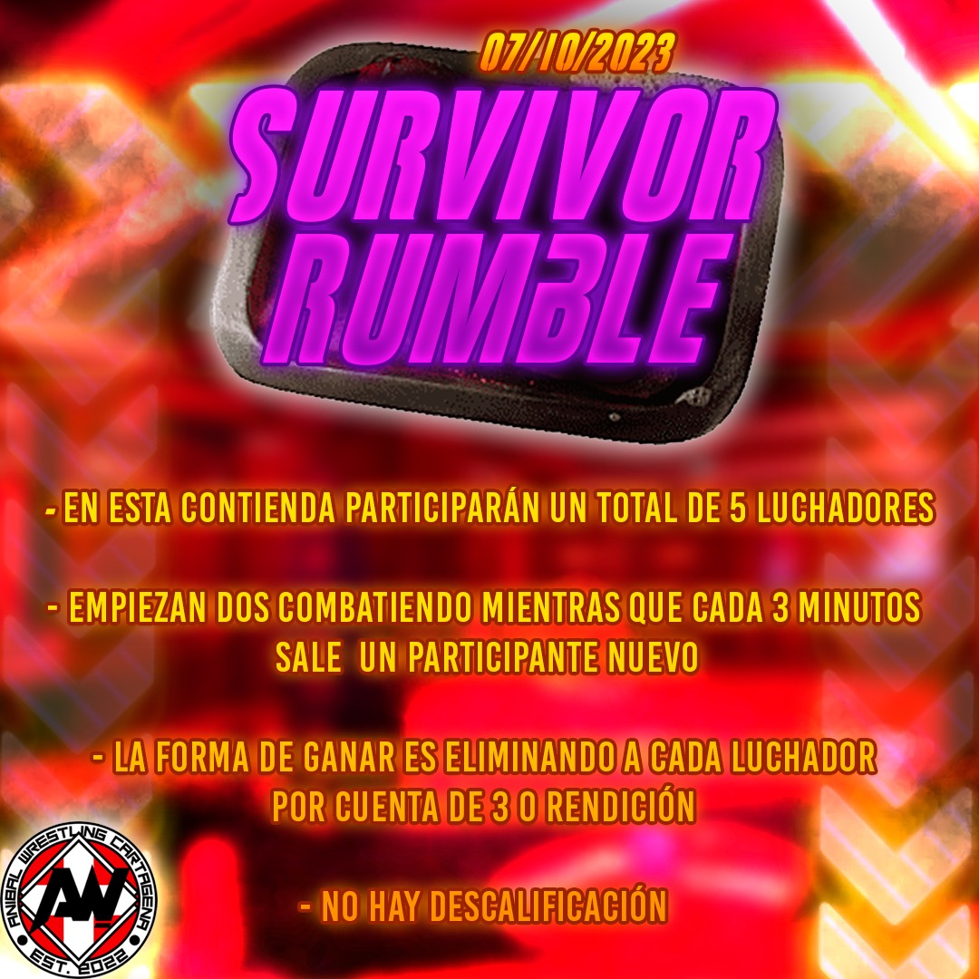 Este sábado 7 de octubre celebramos Anibal Clash 3. Un evento en el que colaborarán luchadores de Elche Wrestling.

Además uno de los combates que se va a celebrar es la denominada Survivor Rumble cuyas reglas se explican en la segunda publicación. 

¡Os esperamos!