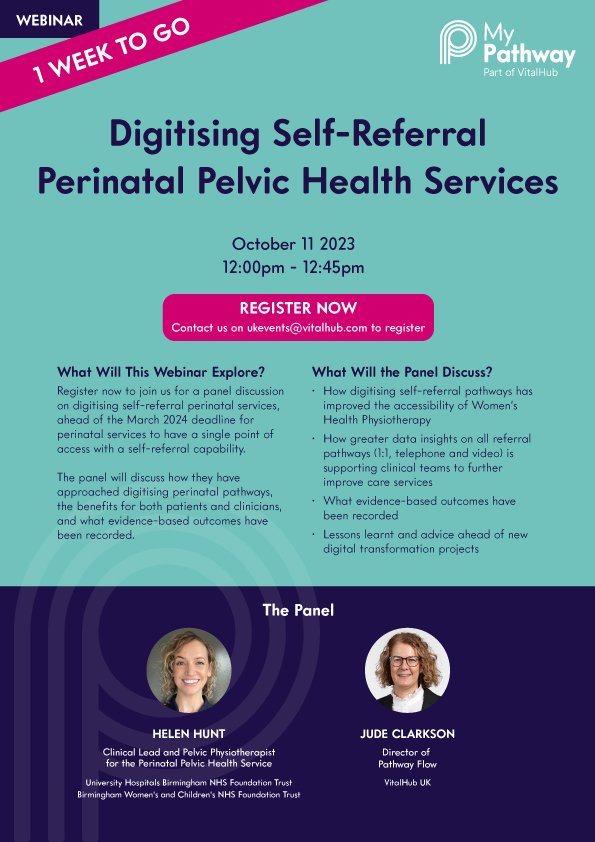 📢 Just 1 week to go! 📢

Next week, we'll be hosting our latest #webinar - Digitising Self-Referral Perinatal Pelvic Health Services.

✅ Date: October 11 2023
✅ Time: 12:00pm - 12:45pm
✅ #Register Now: Contact our team at ukevents@vitalhub.com to join us