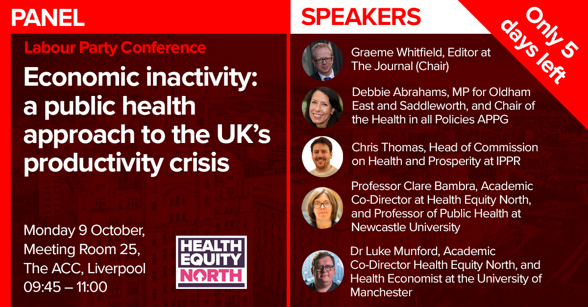 ⏰ LAST CHANCE TO REGISTER⏰

@graemewhitfield will be chairing a FREE panel event on #HealthforWealth at the @UKLabour Conference next Monday discussing regional health inequalities & more healthequitynorth.co.uk/labour-party-c…

@debbie_abrahams @cthomasippr @ProfBambra @dukester24