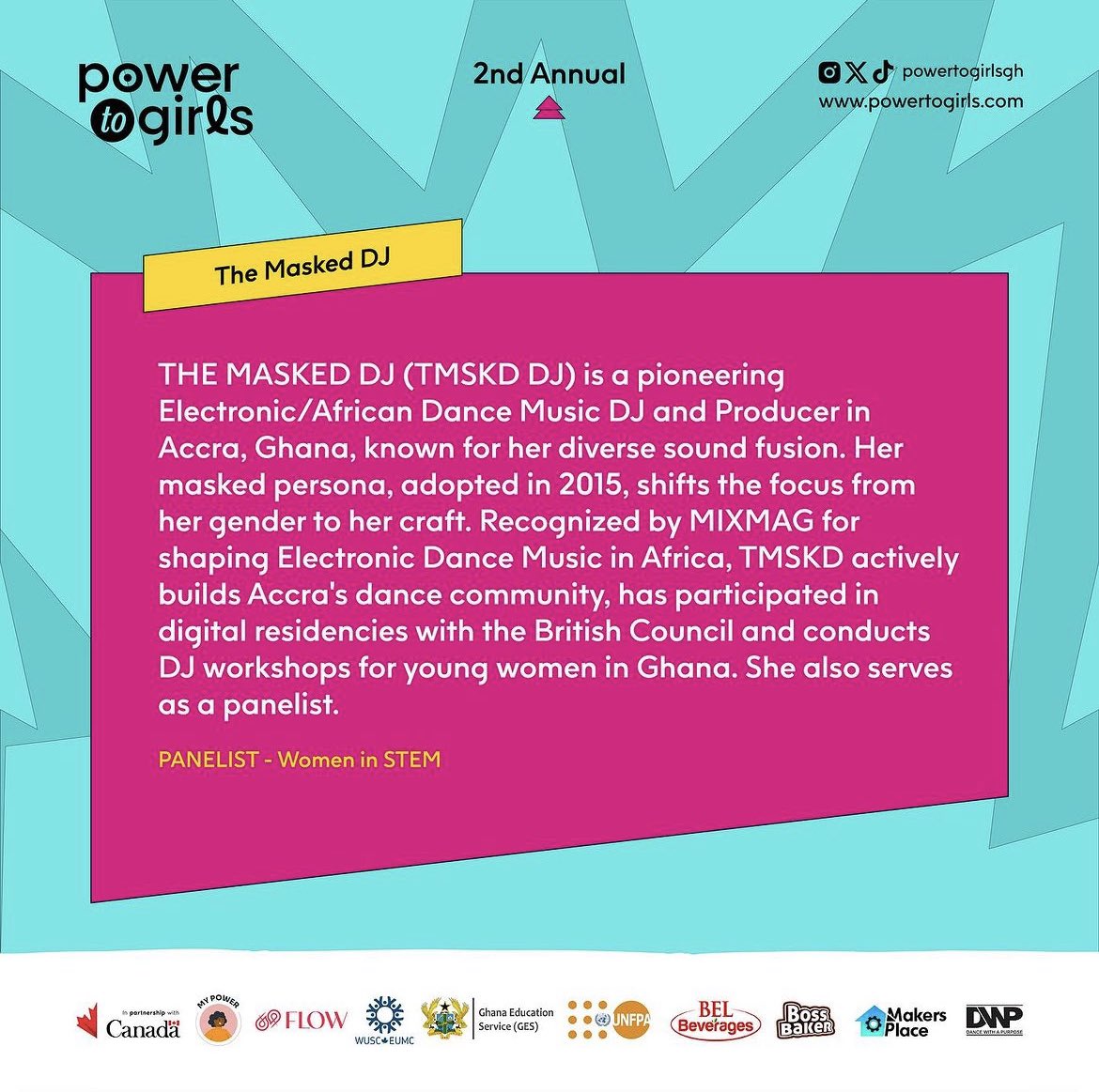 COMMUNITY:

our palace favorite @TMSKDDJ will be playing here @PowerToGirlsGh and speaking on a panel on #womeninsteam.