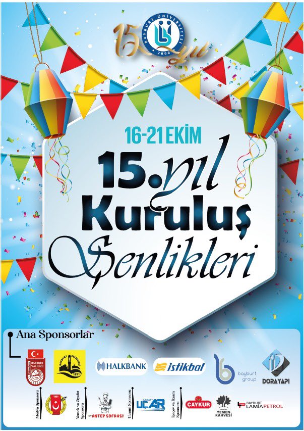 15. Yıl Kuruluş Şenlikleri etkinlik programımız yayımlandı. Dolu dolu geçen 15 yılda bizi biz yapan tüm paydaşlarımızla, nice 15 yıllara uzanan geleceğe güzel anılar bırakmak üzere buluşacağız. 👏⏳

Programa erişmek için; 
dedekorkut.bayburt.edu.tr/dosyalar/senli…