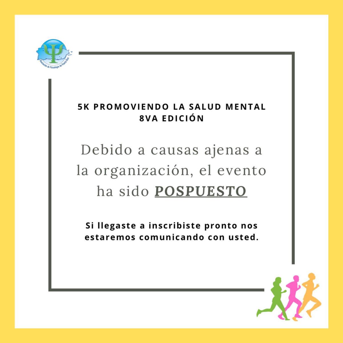 AVISO l Lamentamos informarle que 5K Promoviendo la Salud Mental - 8va Edición que estaba pautado para este próximo domingo, 8 de octubre de 2023 ha sido POSPUESTO por causas ajenas a nuestra voluntad.