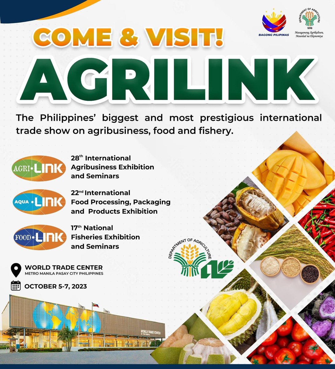 OmiGozon's tweet photo. #Agrilink2023, slated from October 5 to 7 at the World Trade Center. Supported by the Department of Agriculture, its regional units and allied agencies, as well as co-organized by over 30 agribusiness, food, and trade orgs 

Tel # 8384491, 09175888799, or frld.agrilink@gmail.com. https://t.co/hF9ya6MxzE