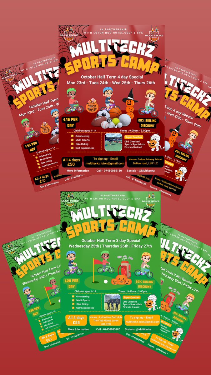 Multi_teckz's tweet photo. 🎃 2 brilliant multi-sports half term camps coming up 🎃 

Including our Exclusive sports camp at @LutonHooHotel sports such as Golf ⛳️ Bike riding 🚴 Orienteering 🚩

Our famous @DallowPrimary camp hosting its first Halloween disco 🕺 👻 🎃

@DallowPrimary 
@LutonHooHotel https://t.co/TKlcUoxzmv