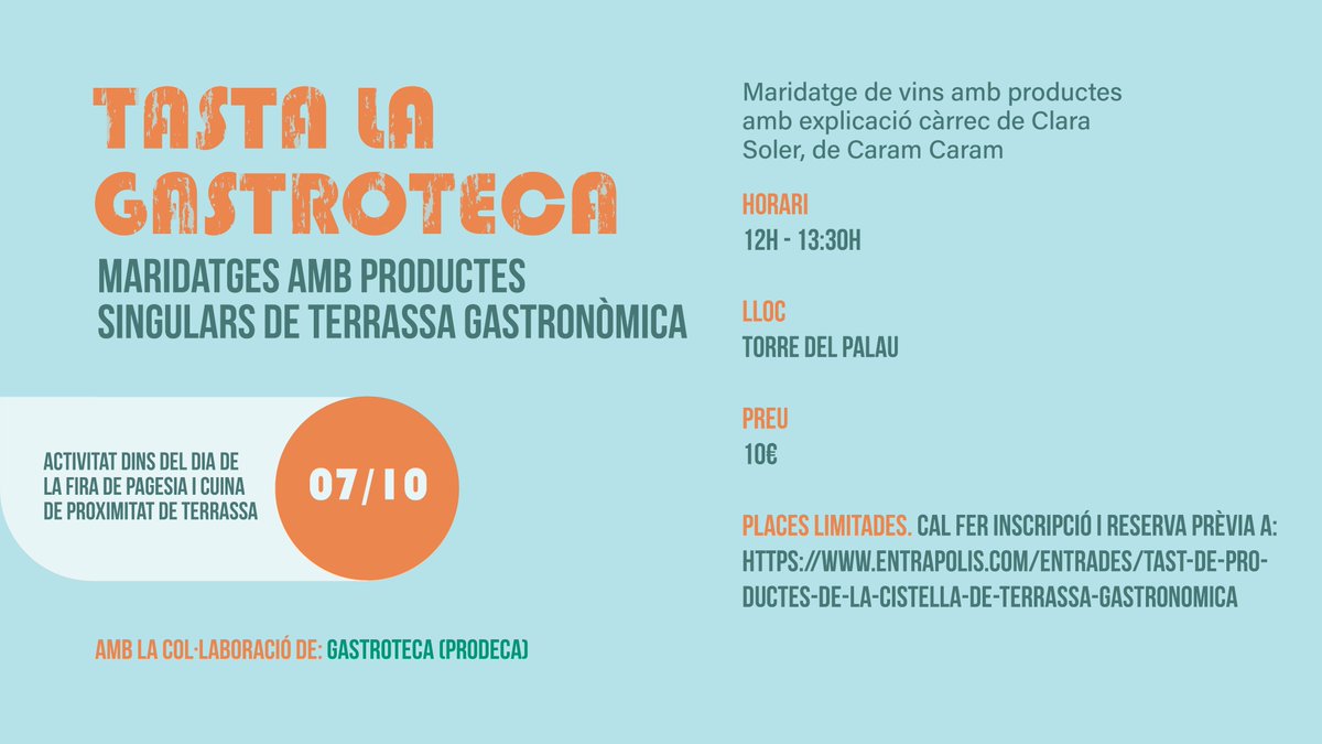 🔜Aquest dissabte 7 d'octubre: Fira de pagesia i cuina de proximitat de Terrassa!
No et perdis aquesta activitat de Maridatges amb productes singulars de #TerrassaGastronòmica.
A partir de les 12 h a la placeta de la Torre del Palau.
🔗Inscripcions a: entrapolis.com/entrades/tast-…