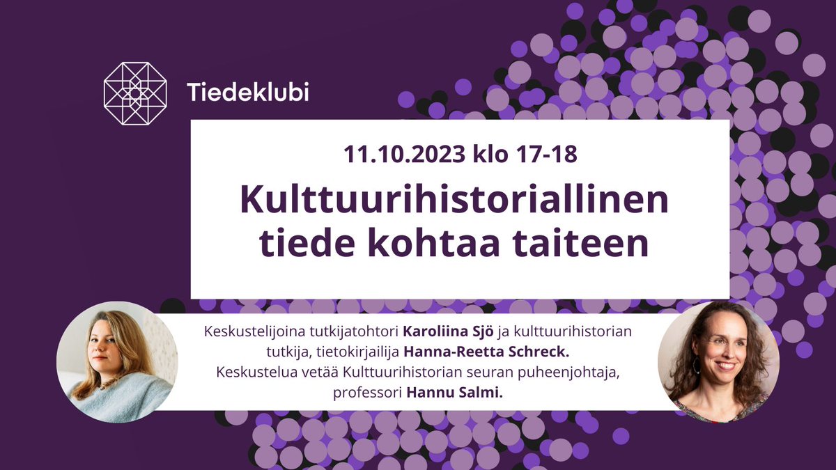 Miten menneisyyden ilmiöitä voidaan tutkia taiteen keinoin? Kulttuurihistoriallinen tiede ja taide kohtaavat lokakuun Tiedeklubilla keskiviikkona 11.10. klo 17-18, kun Tiedekahvilan lavalle nousevat <a href="/KaroliinaSjo/">Karoliina Sjö</a>, Hanna-Reetta Schreck ja @hannusalmi. Tervetuloa kuulolle!