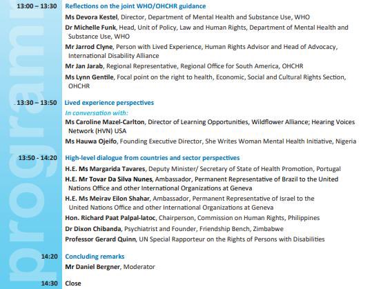 Michelle Funk (@michellefunk3) on Twitter photo Programme now out for launch of the <a href="/WHO/">World Health Organization (WHO)</a>Ā & <a href="/UNHumanRights/">UN Human Rights</a>Ā Guidance on Mental Health, Human RightsĀ & Legislation
Ā
on 9 October 2023 (12:30-14:30 CEST)Ā
Ā
Register here:
who.zoom.us/webinar/regist⦠Programme now out for launch of the <a href="/WHO/">World Health Organization (WHO)</a> & <a href="/UNHumanRights/">UN Human Rights</a> Guidance on Mental Health, Human Rights & Legislation
Ā
on 9 October 2023 (12:30-14:30 CEST)Ā
Ā
Register here:
who.zoom.us/webinar/registā¦