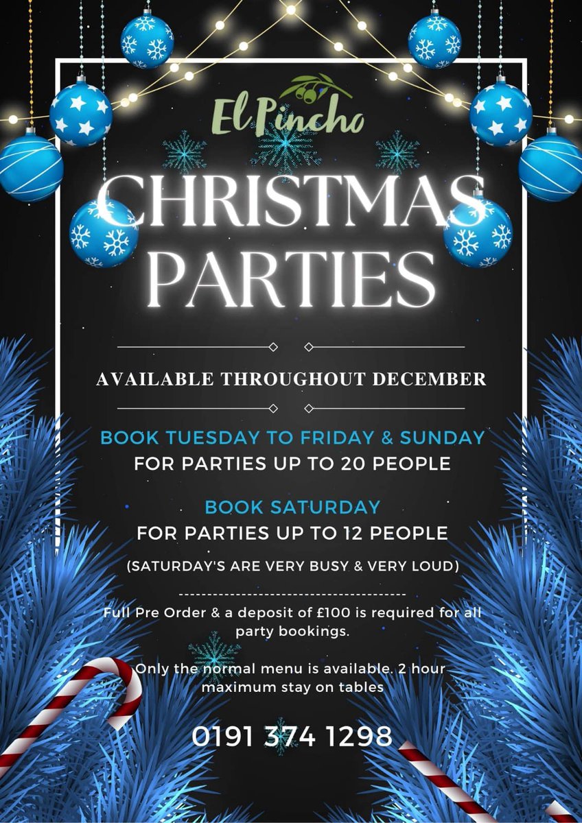 Got the job of organising the Christmas party? Never fear, El Pincho Mediterranean Bar are here to save your festive blushes and make it a night to remember! Available throughout December, contact the El Pincho team to make your Christmas bookings. 👇 Call: 0191 374 1298