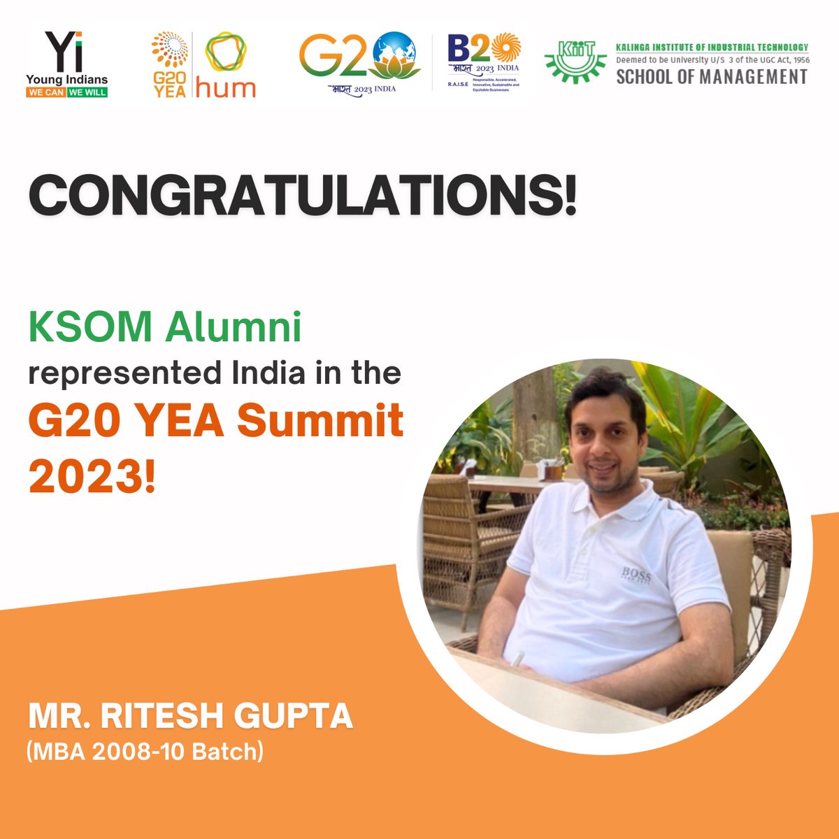 KSOM congratulates Mr. Ritesh Gupta (MBA 2008-10 class) on having been selected to represent India at the G20 YEA Summit in 2023.

He discussed key entrepreneurship topics and fostered international cooperation.

#ksombbsr #alumniachievement #kiituniversity #G20summit2023 #mba