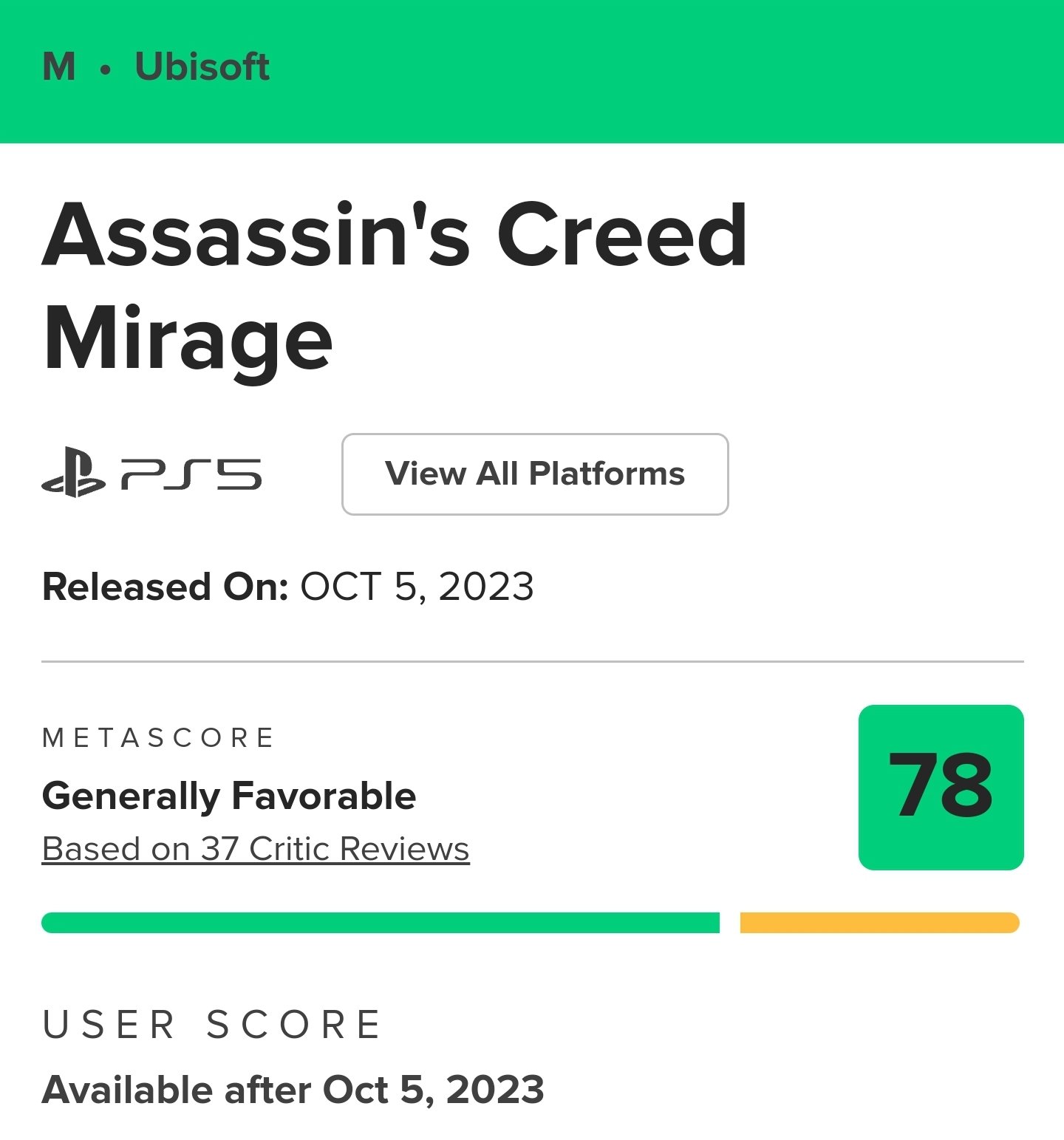 Assassin's Creed Mirage Metacritic Score Game 