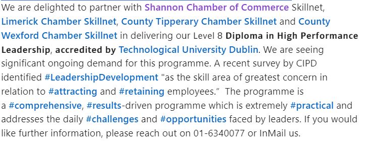 𝑹𝒆𝒈𝒊𝒔𝒕𝒓𝒂𝒕𝒊𝒐𝒏 𝒊𝒔 𝒏𝒐𝒘 𝒐𝒑𝒆𝒏 𝒇𝒐𝒓 𝒐𝒖𝒓 𝑶𝒄𝒕𝒐𝒃𝒆𝒓 𝑫𝒊𝒑𝒍𝒐𝒎𝒂 𝒊𝒏 𝑯𝒊𝒈𝒉 𝑷𝒆𝒓𝒇𝒐𝒓𝒎𝒂𝒏𝒄𝒆 #𝑳𝒆𝒂𝒅𝒆𝒓𝒔𝒉𝒊𝒑 𝒊𝒏 𝒄𝒐𝒏𝒋𝒖𝒏𝒄𝒕𝒊𝒐𝒏 𝒘𝒊𝒕𝒉 <a href="/SNNChamber/">Shannon Chamber</a> <a href="/LimChamSkillnet/">Limerick Chamber Skillnet</a> <a href="/WexChamSkillnet/">County Wexford Chamber Skillnet</a> <a href="/CoTippSkillnet/">County Tipperary Chamber Skillnet</a> . 𝑳𝒊𝒎𝒊𝒕𝒆𝒅 𝑷𝒍𝒂𝒄𝒆𝒔