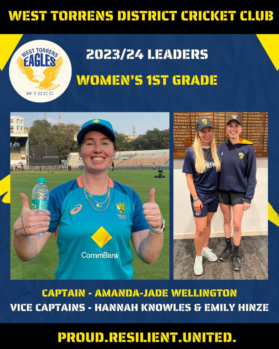 Western_Eagles's tweet photo. WEST TORRENS DISTRICT CRICKET CLUB
2023/24 Leaders - Women’s 1st Grade
Captain - Amanda-Jade Wellington
Vice Captain - Hannah Knowles & Emily Hinze
#westtorrensdistrictcricketclub #eagles #cricket #proudresilientunited #amandajadewellington #hannahknowles #emilyhinze https://t.co/yP4BqGgQ3o