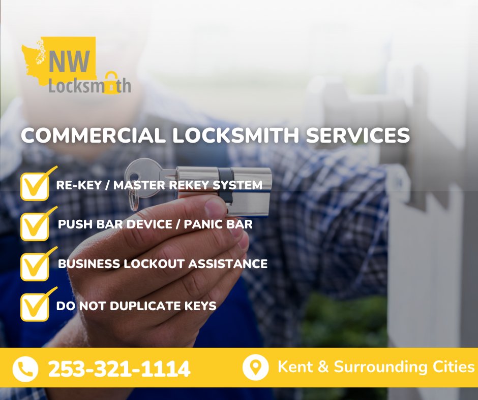 NWLocksmithWA's tweet image. Safeguard your business with our top-notch Commercial Locksmith Services! From high-security locks to access control systems, we've got you covered. Contact us at 253-321-1114 or visit northwest-locksmith.com for expert security solutions. #CommercialLocksmith #LocksmithKent
