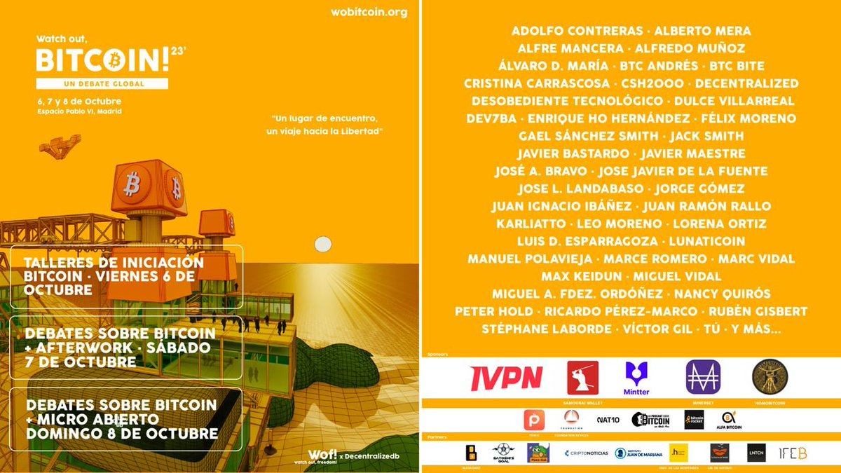 Queremos agradecer y animar a difundir #WOB23 mas allá de nuestra comunidad comunidad:

Nuestro intención ha sido publicitarnos también en redes para llegar a más gente pero TODAS las campañas en Twitter, Instagram o Google Ads han sido denegadas por "promocionar #Bitcoin".